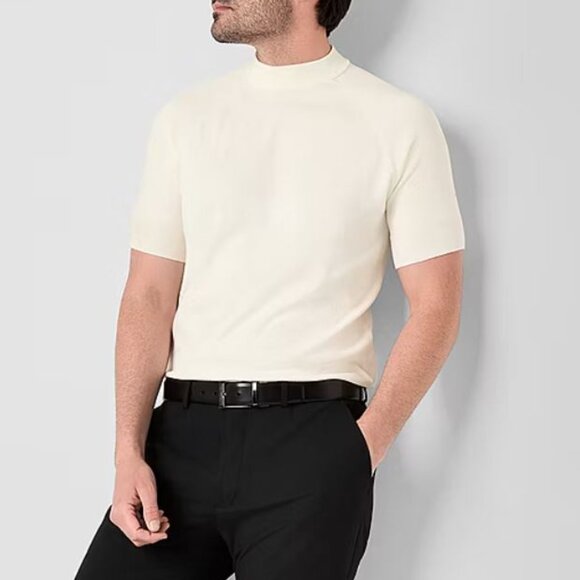 J. Ferrar Men's Mock Crew Neck Short Sleeve Pullover T-Shirts Snow White Size L - Picture 3 of 6